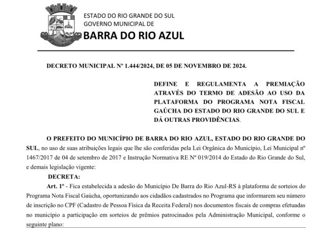 Decreto Municipal Nº 1.444/2024, de 5 de novembro de 2024